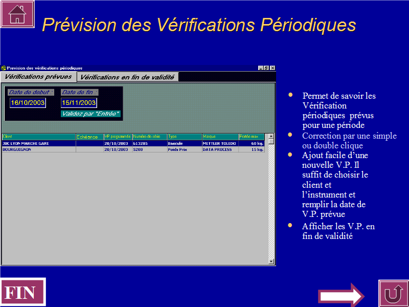Prévision des vérifications périodiques.
